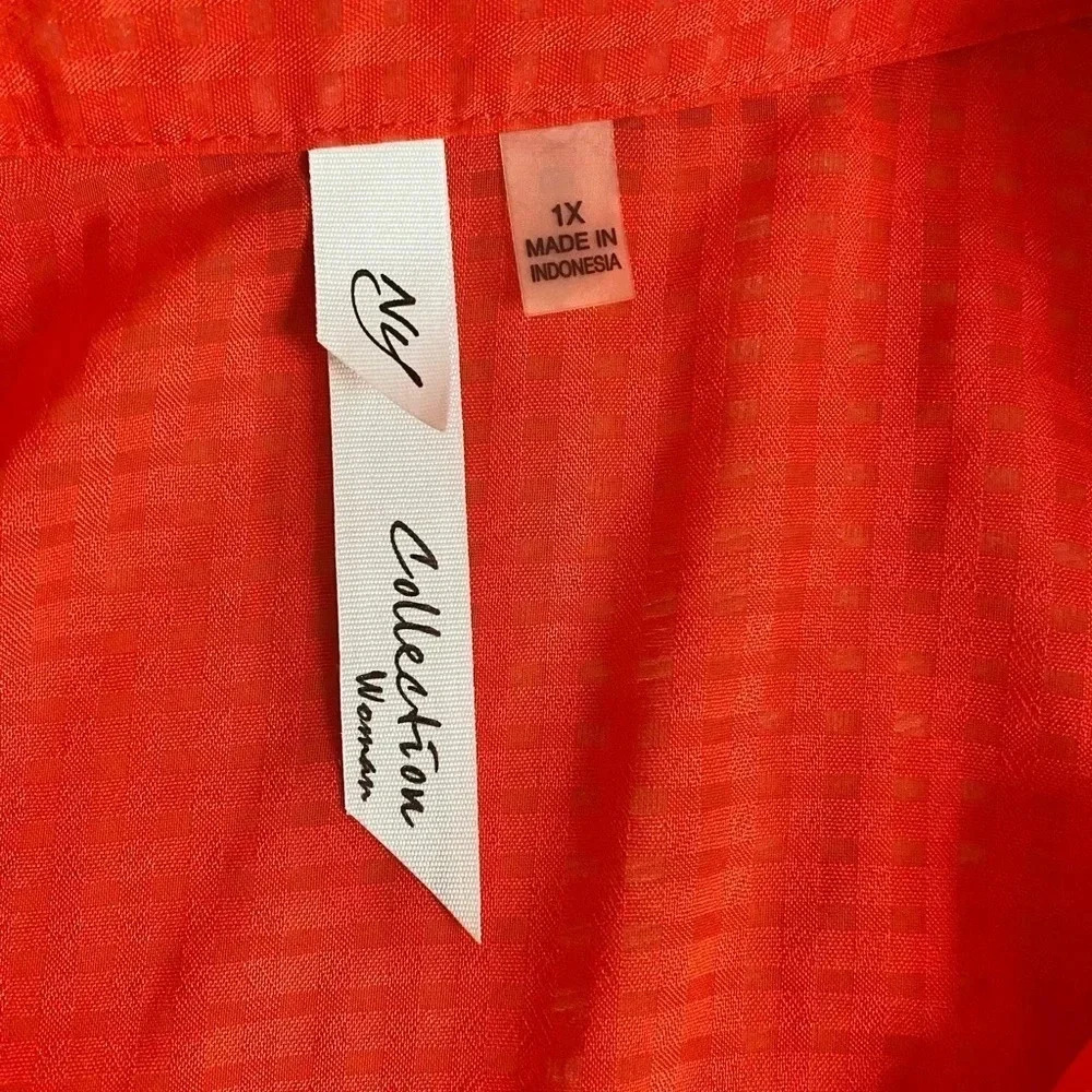NY COLLECTIONS | Women’s Orange Sleeveless Button Down Sheer Blouse Size 1X - Picture 9 of 11